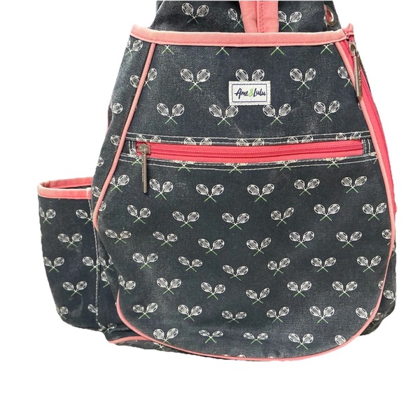 Stylish Blue Canvas White Tennis Racket Patternand Pink Accents Tennis Backpack - Picture 3 of 8